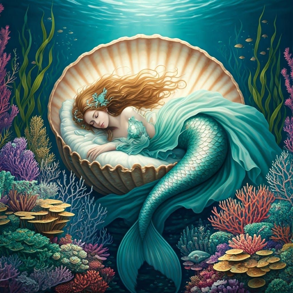 A serene mermaid sleeping in a luminous, swirling shell bed, surrounded by vibrant coral, exotic fish, and delicate seaw...