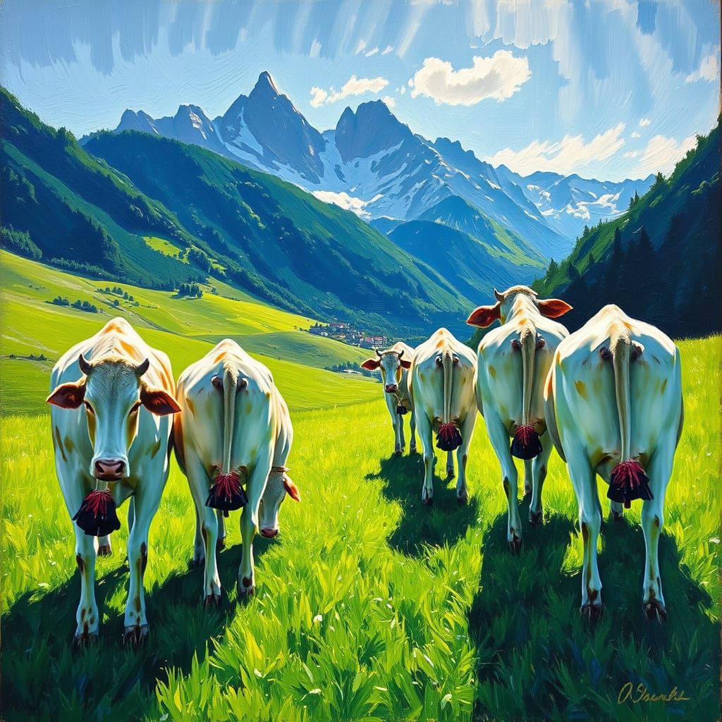 Impasto Oil Painting of Cows Grazing in a Green Valley