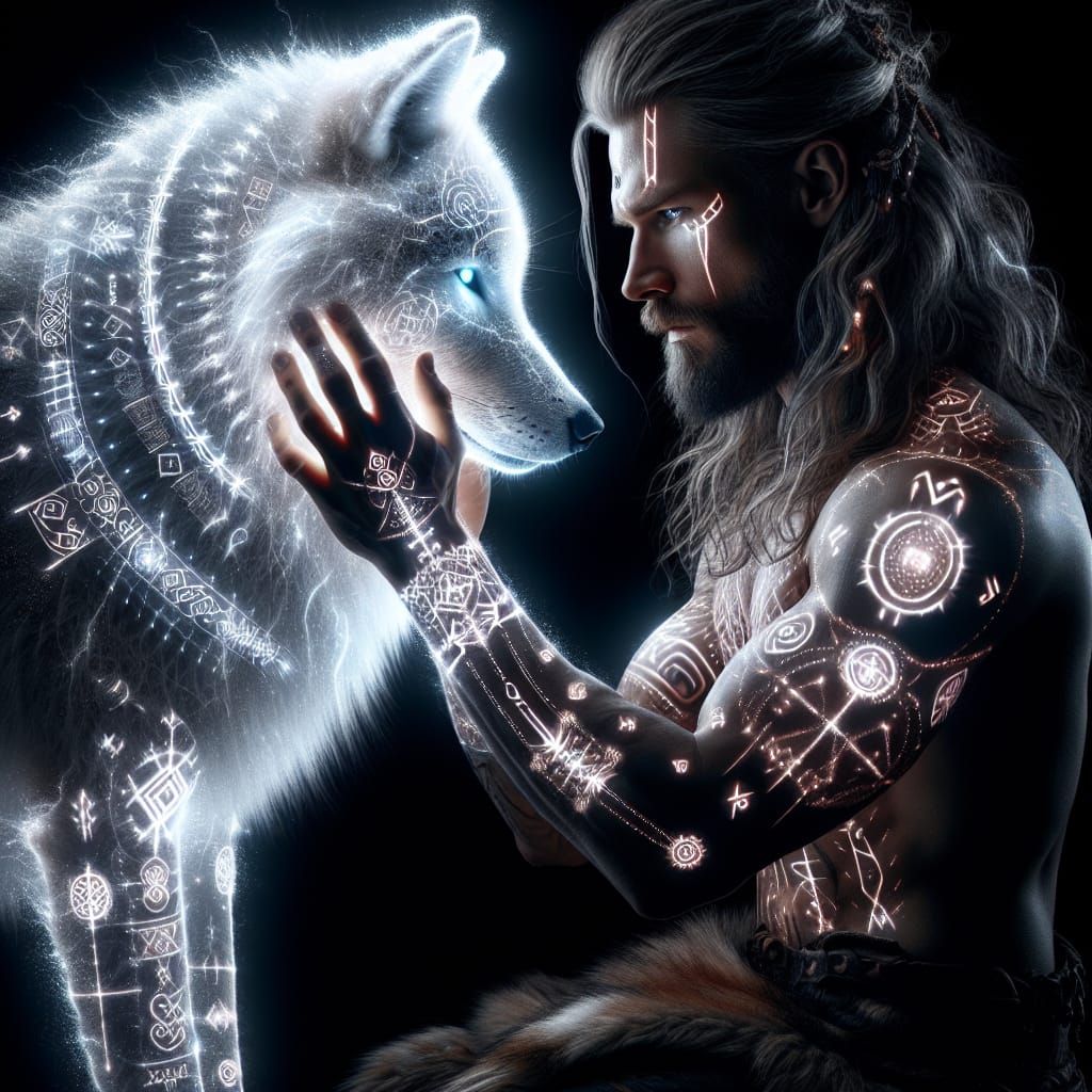 Viking Warrior in Mystical Encounter with Prismatic Wolf