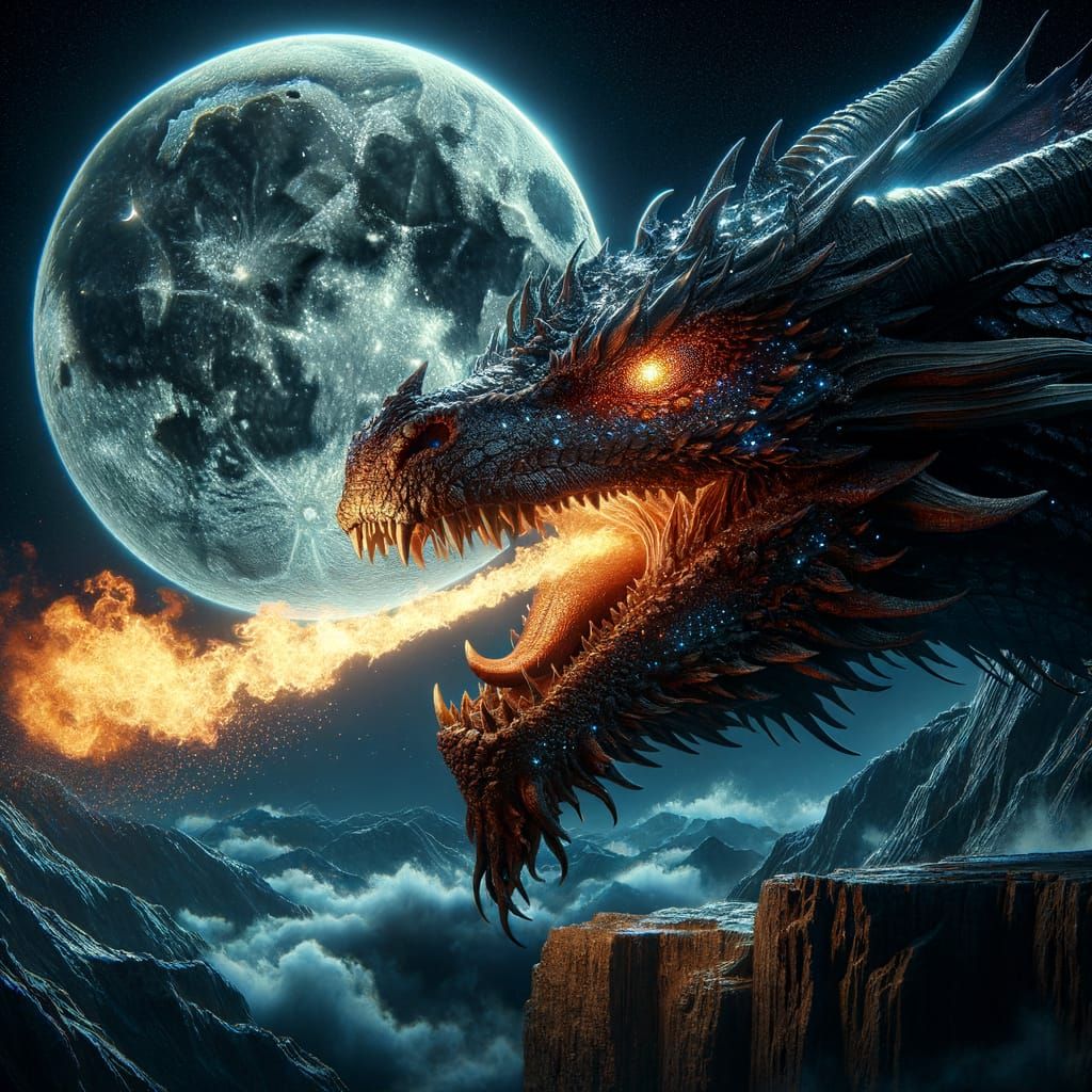 Epic Dragon Breathing Fire Under Full Moon