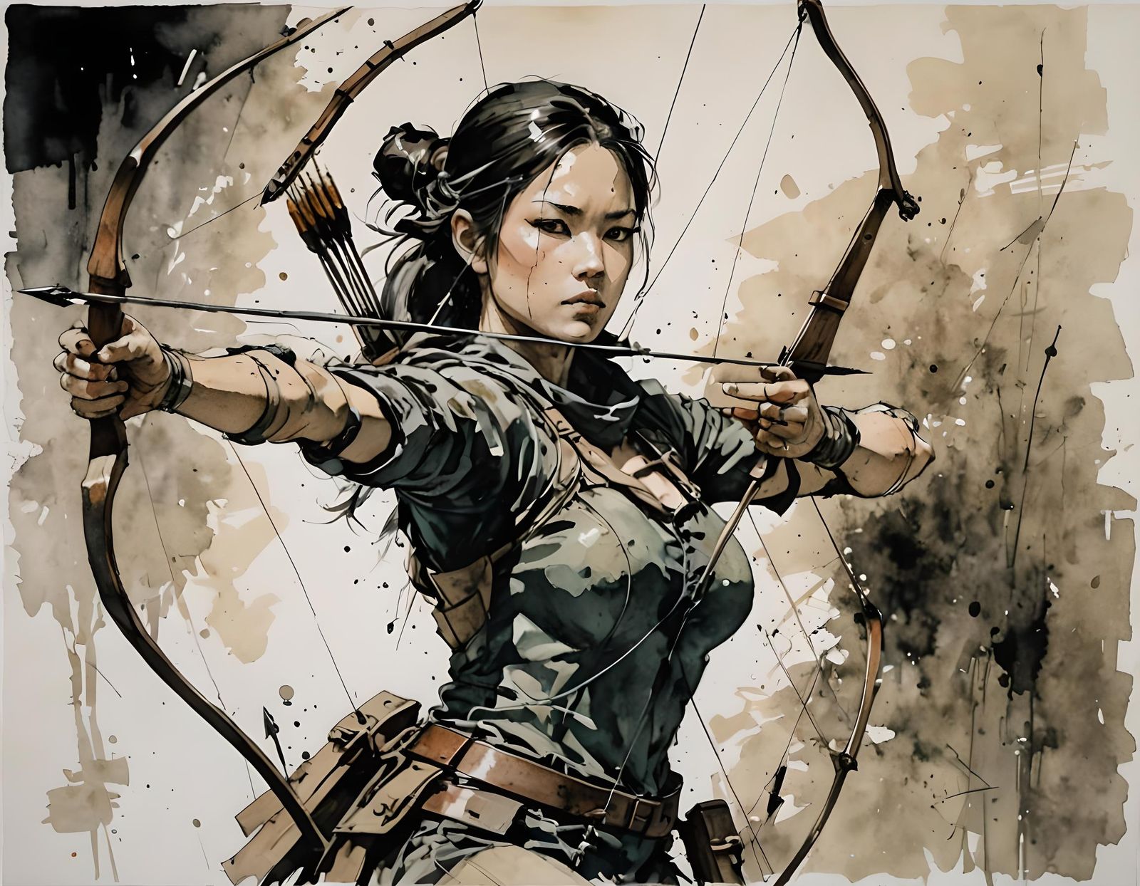 Archer Readying Arrow in Ink and Watercolor