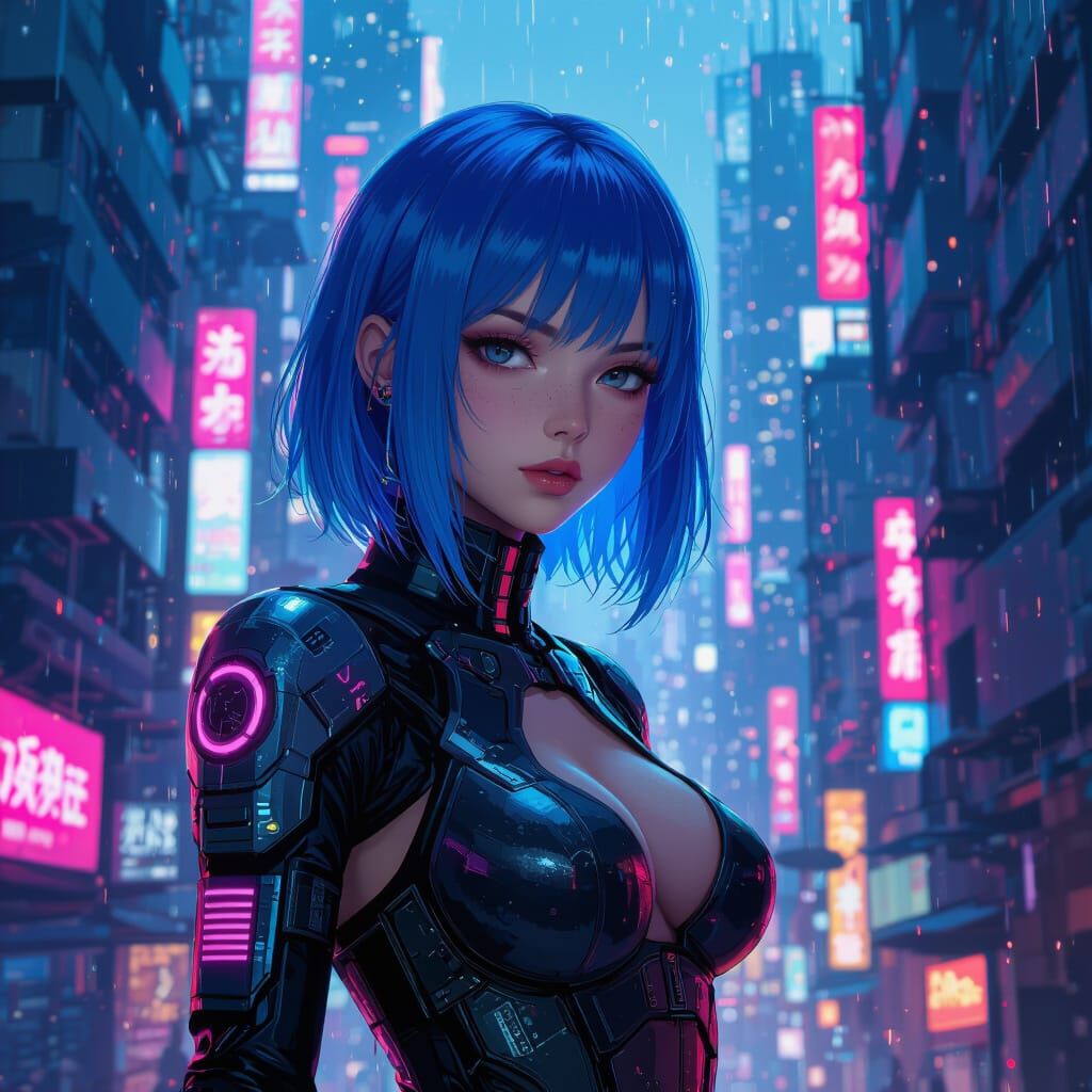 Anime Girl in Cyberpunk City, Digital Art