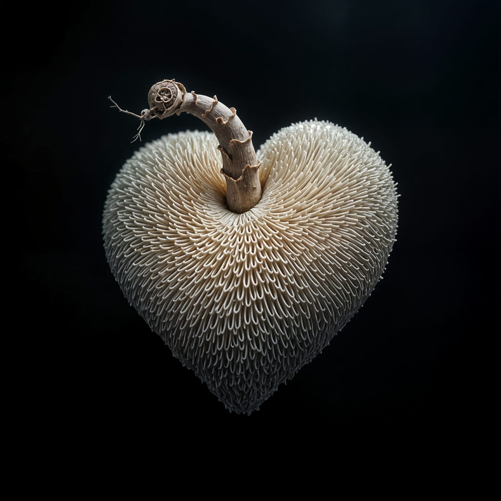 Mushroom Heart with Intricate Mycelial Networks in Dark Back...
