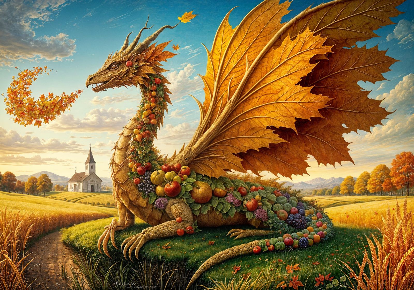 Golden Autumn Dragon of Harvest Fruits and Vegetables
