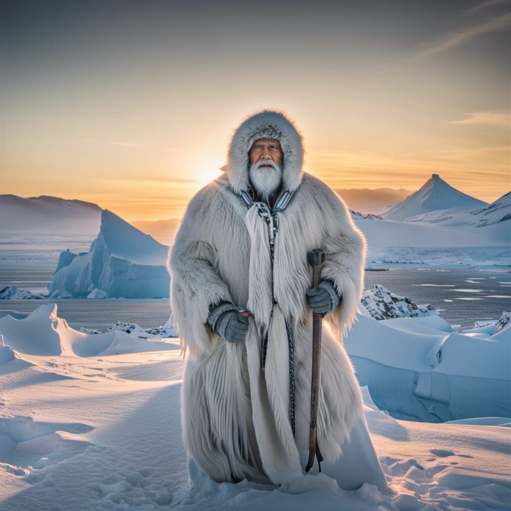 Hyperrealistic Inuit Man in Arctic Sunrise