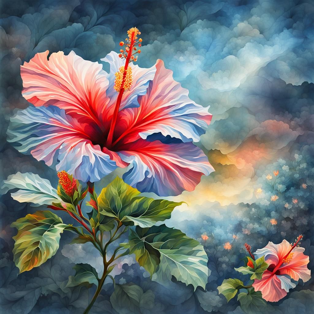 Hibiscus Flower with Fractal Sky, as Watercolor Art