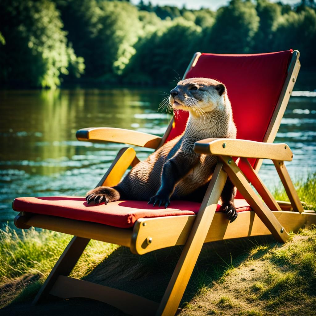 Otter Sunbathing Riverbank: Cinematic Film Still