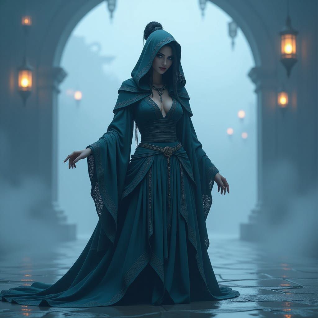 Mystical Woman Posing in Foggy Environment, 3D Render