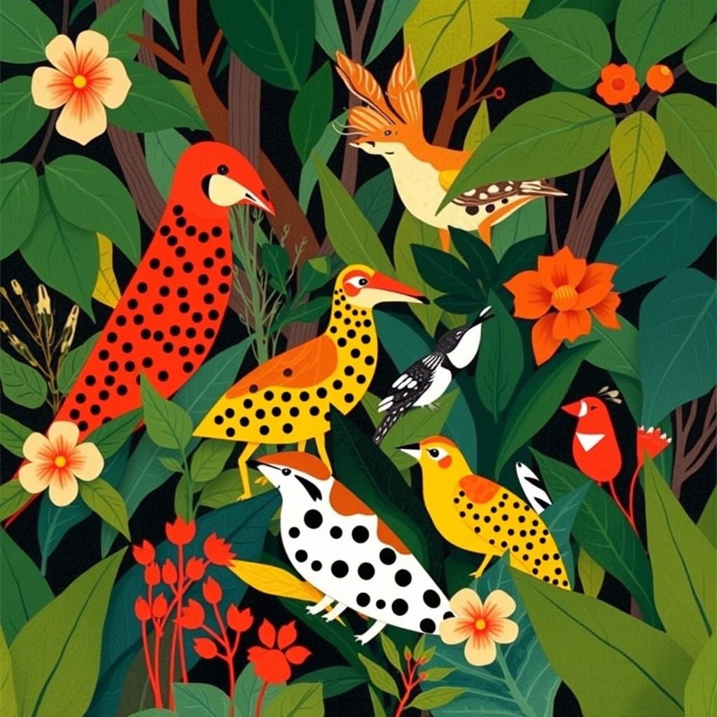 Geometric Wildlife Scenes in a Futuristic Landscape