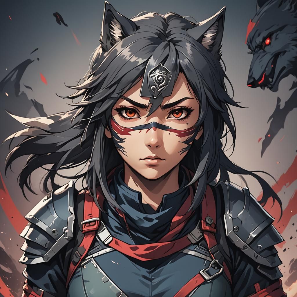 Anime Ninja Warrior with Wolf Companion in Cel-Shaded Style