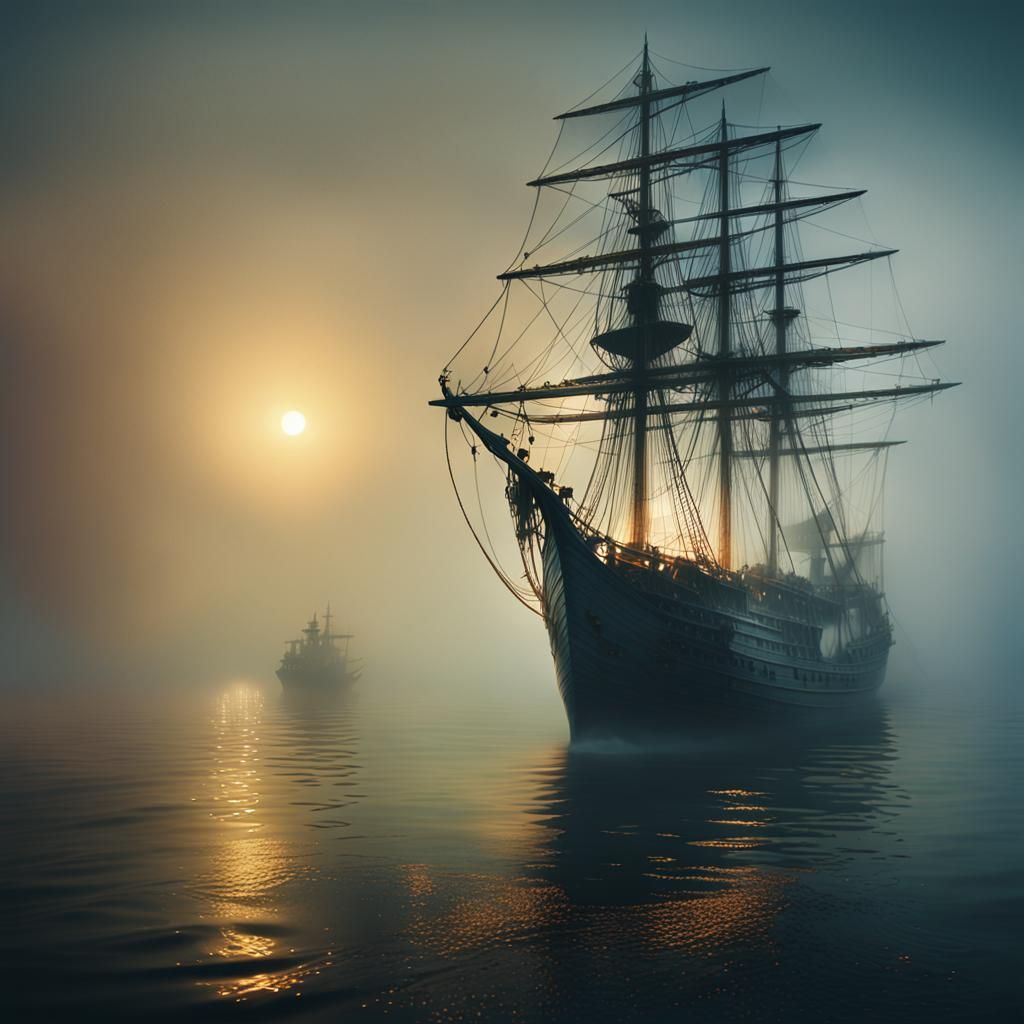 Ghost Ship Reappears in Vivid Misty Golden Hour