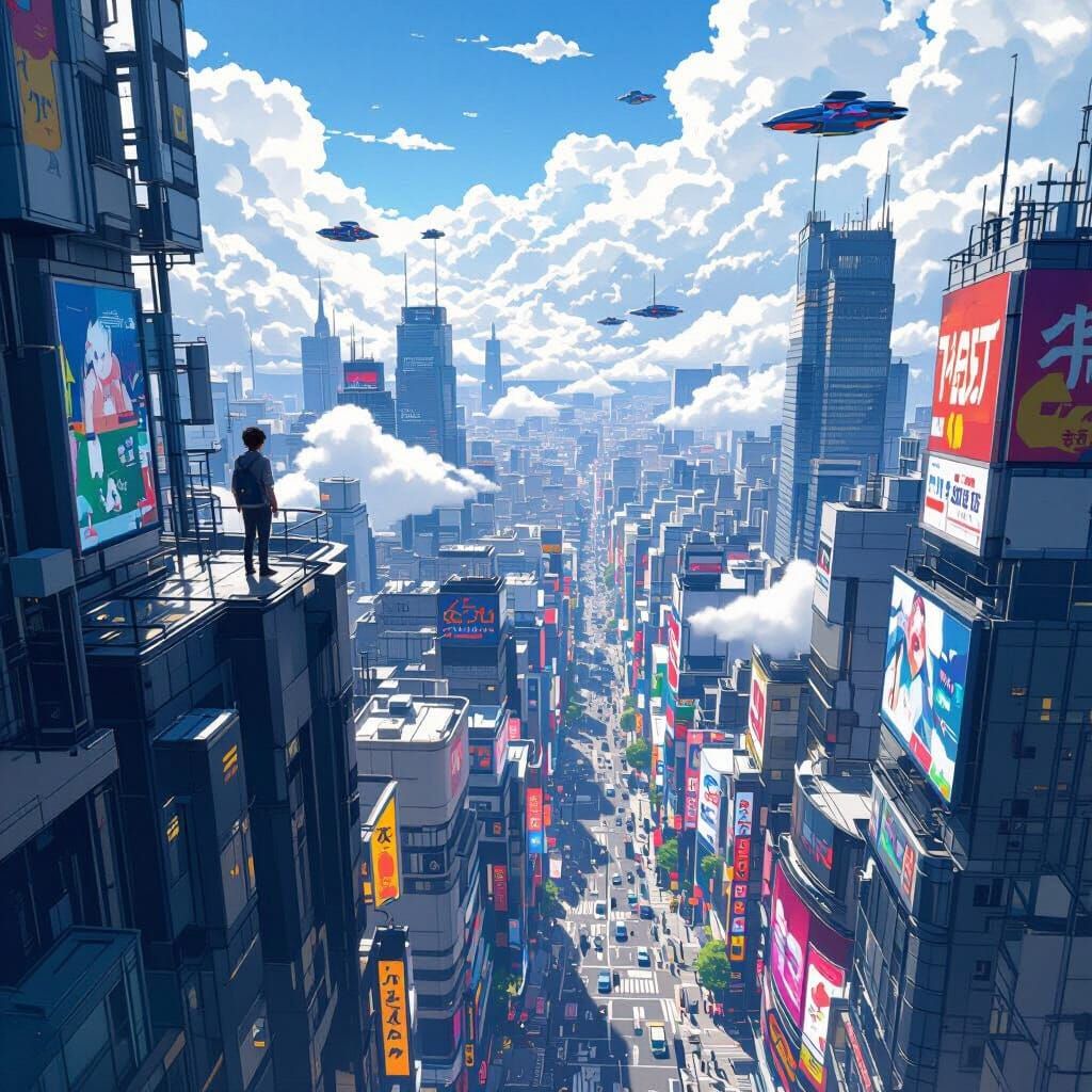 Futuristic Anime Cityscape with Young Man Overlooking View