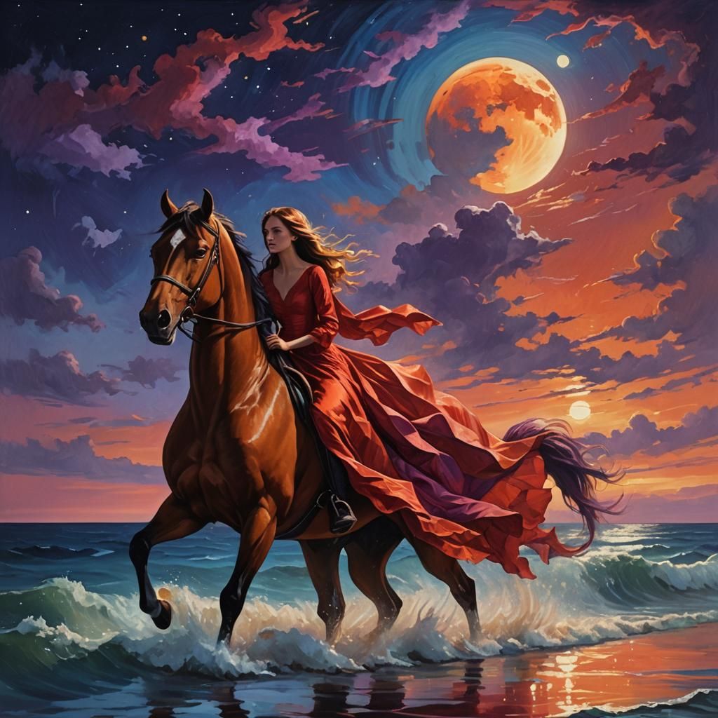 Girl on Red Horse: Vibrant Oil Painting