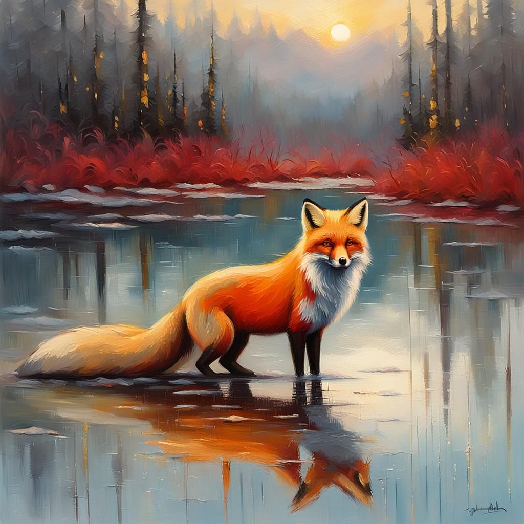 Fox at Dawn: Whimsical Oil Painting with Impasto Texture