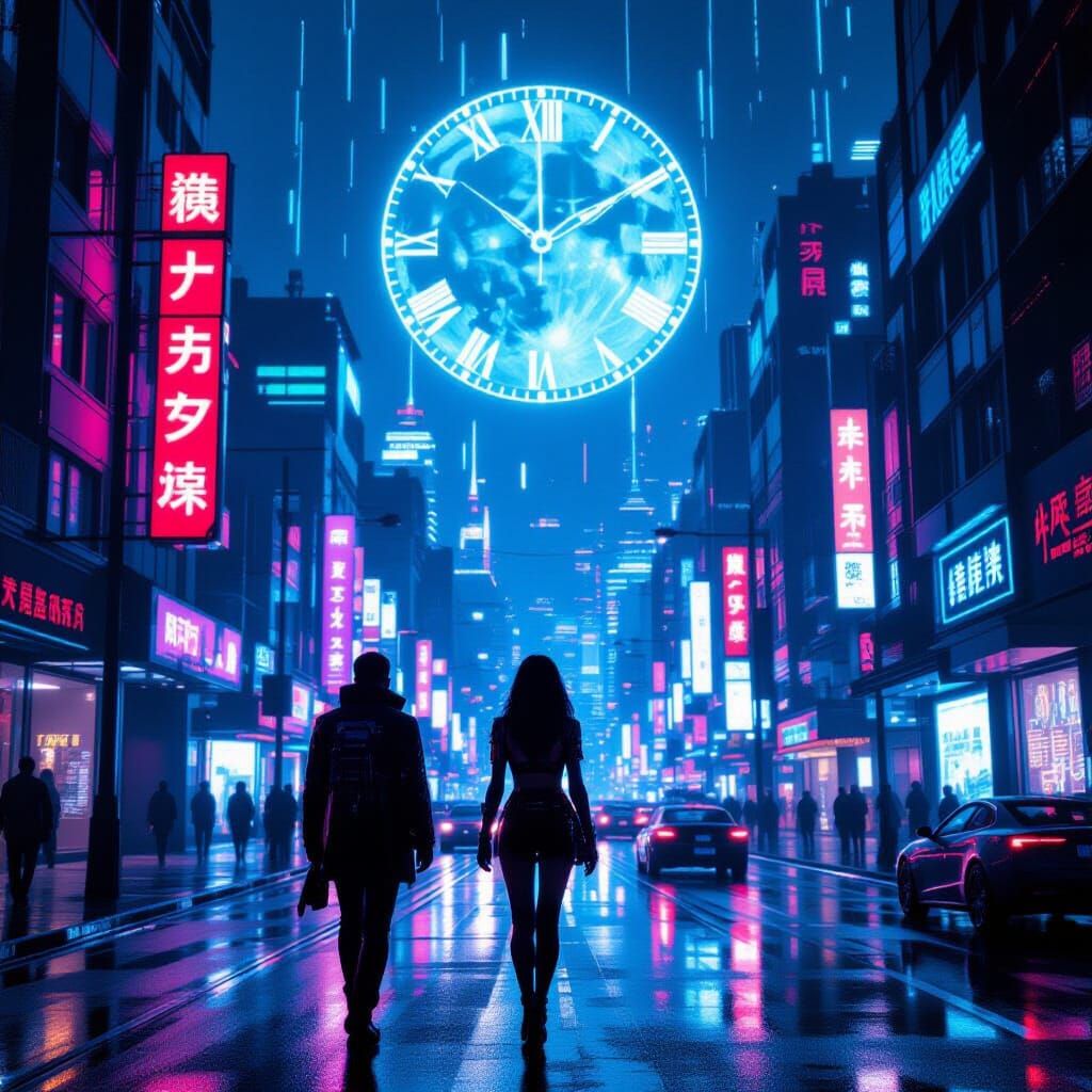 Cyberpunk Cityscape with Neon Lights and Clock Moon