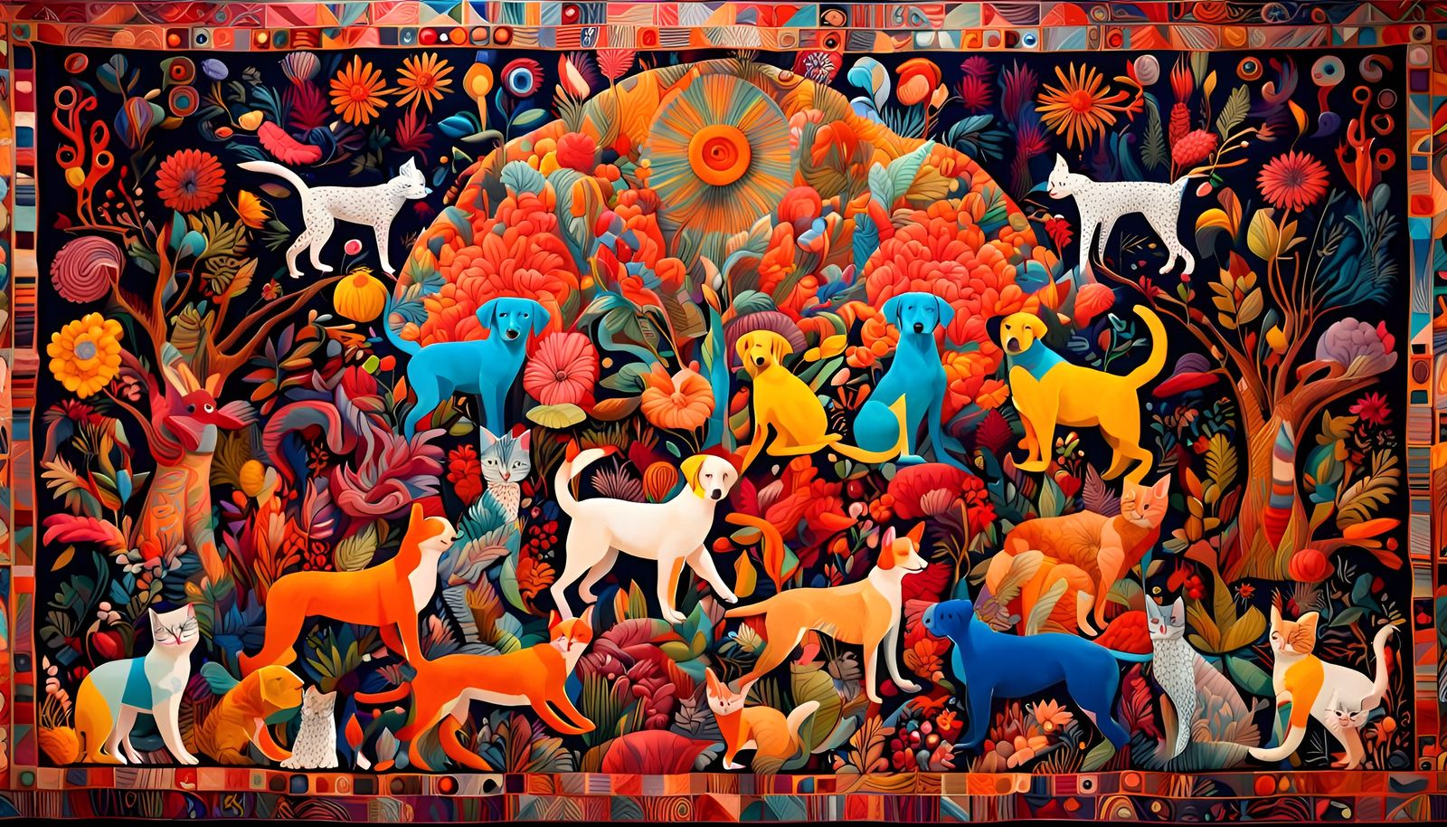 Joyful Puppies and Kittens in a Maximalist Tapestry