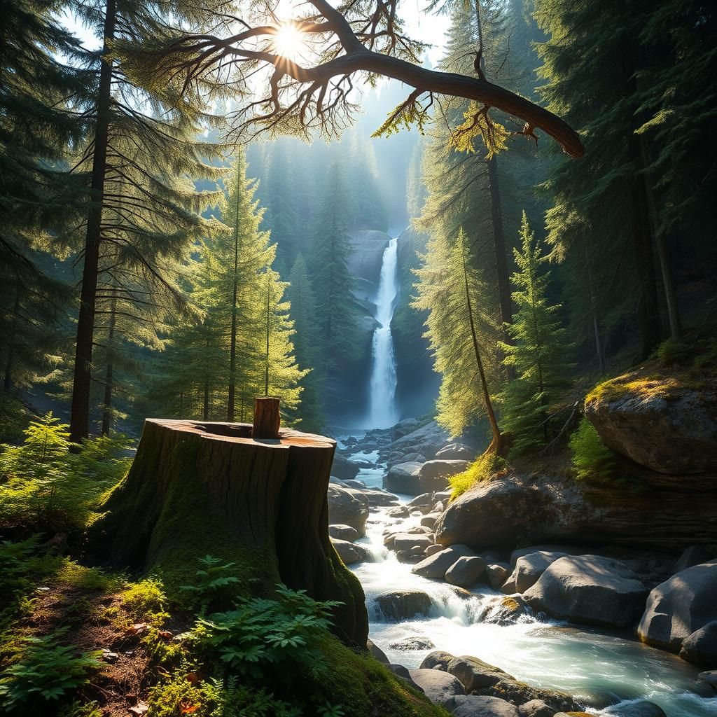Vibrant Conifer Forest with Waterfall in Ultra-HD