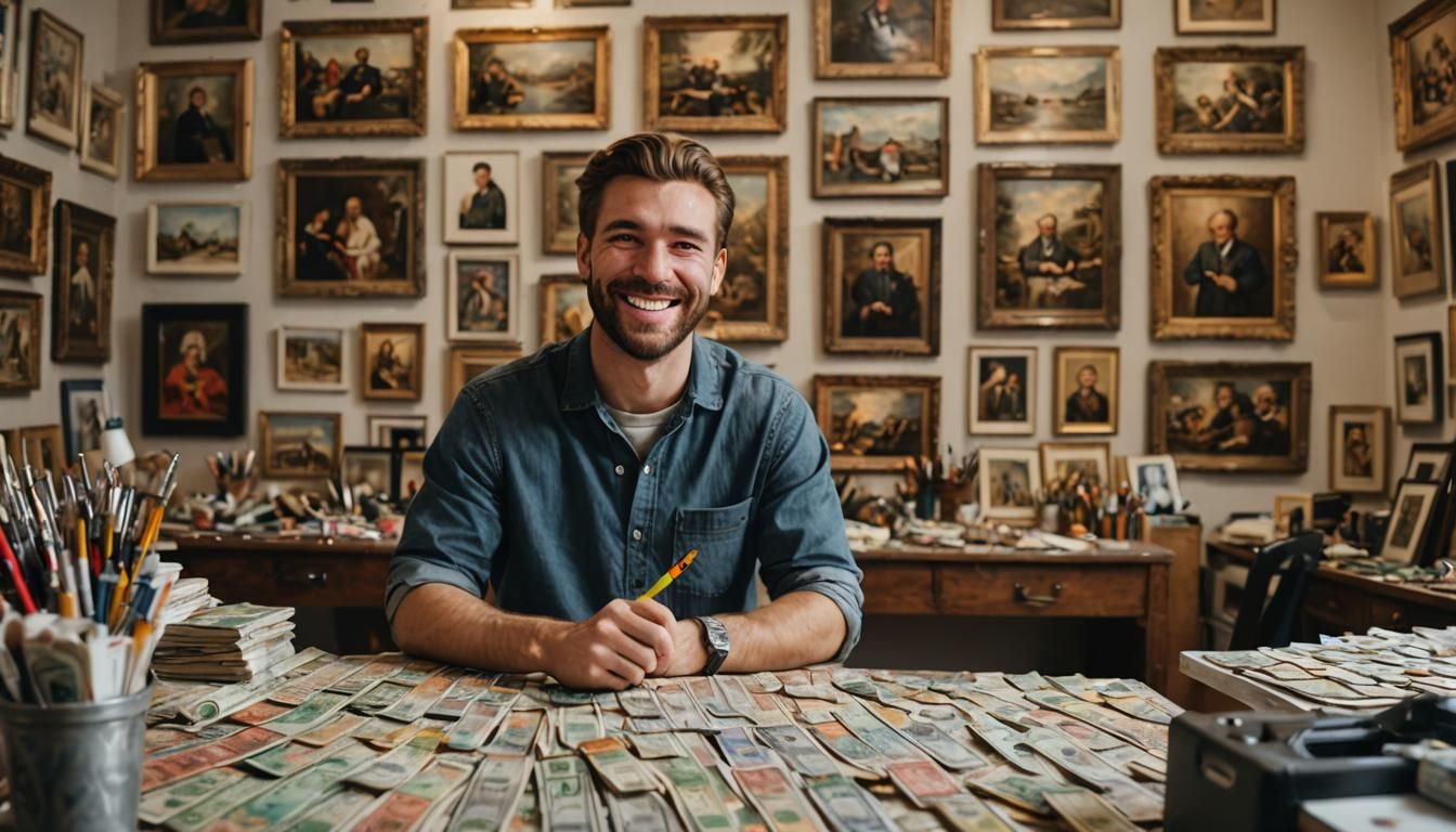 Smiling Man Surrounded by Cash and Art
