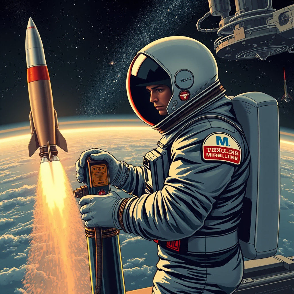 Retro Astronaut Refuels Rocket at Orbital Base