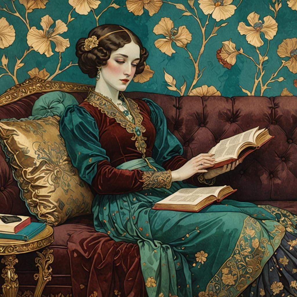 Victorian Woman Reading, Illuminated Manuscript Style