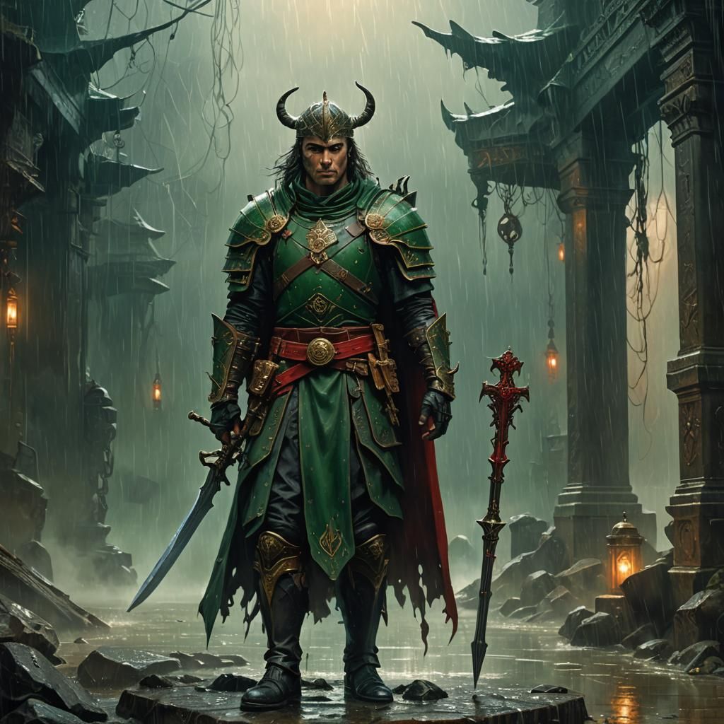 Dark Fantasy Warrior in Rainy Mystical Setting