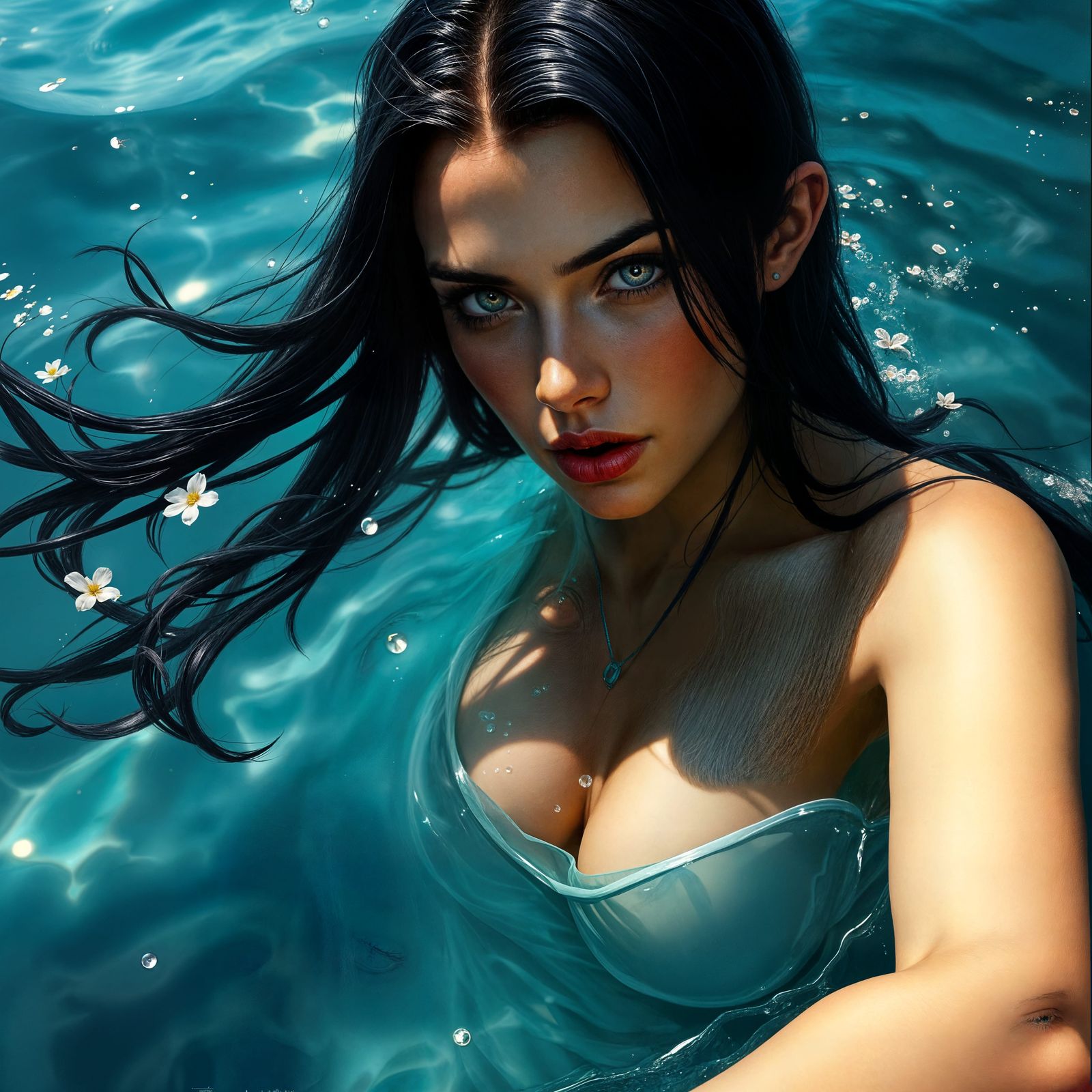 Surreal Portrait of a Woman Emerging from the Water in Reali...