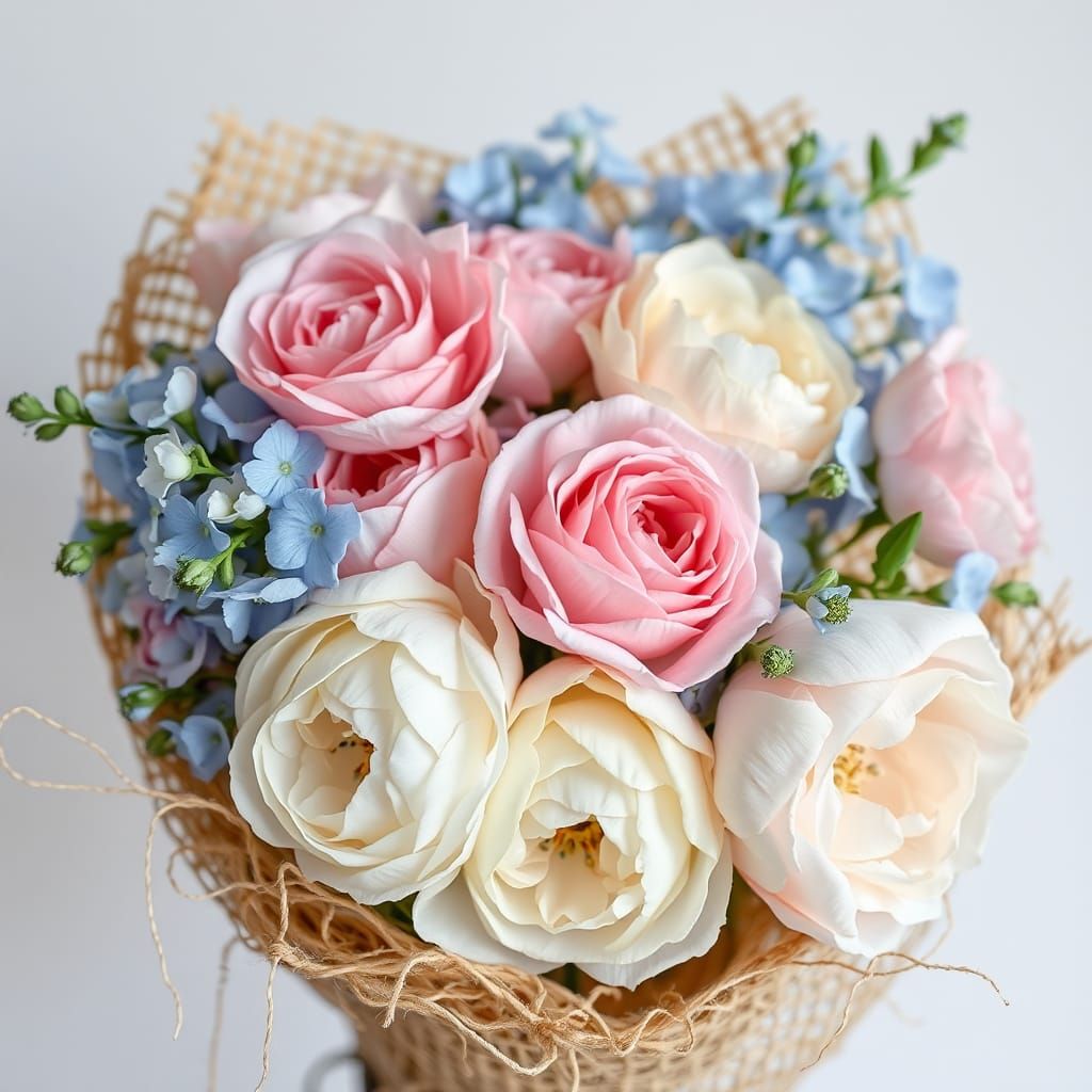 Pastel Floral Arrangement in Sisal Wrap, Impressionistic Sty...