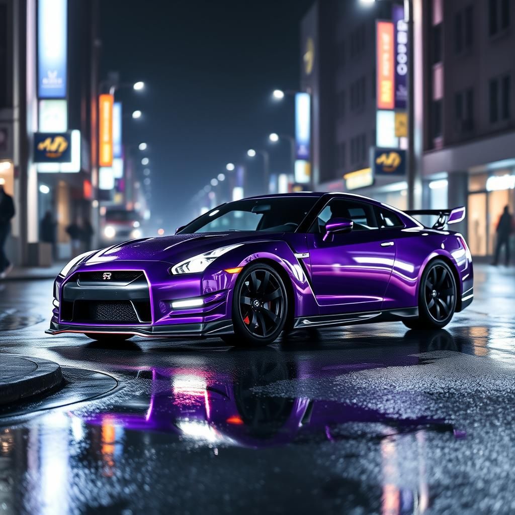 Nissan GTR purple on a wet street dramatically lit