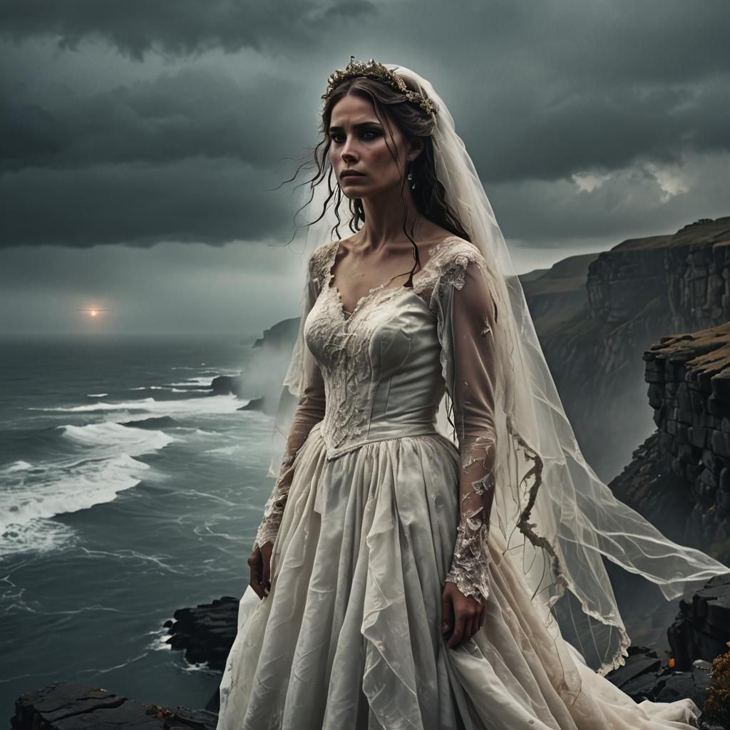 Ethereal Ghost Bride Portrait on Stormy Cliff
