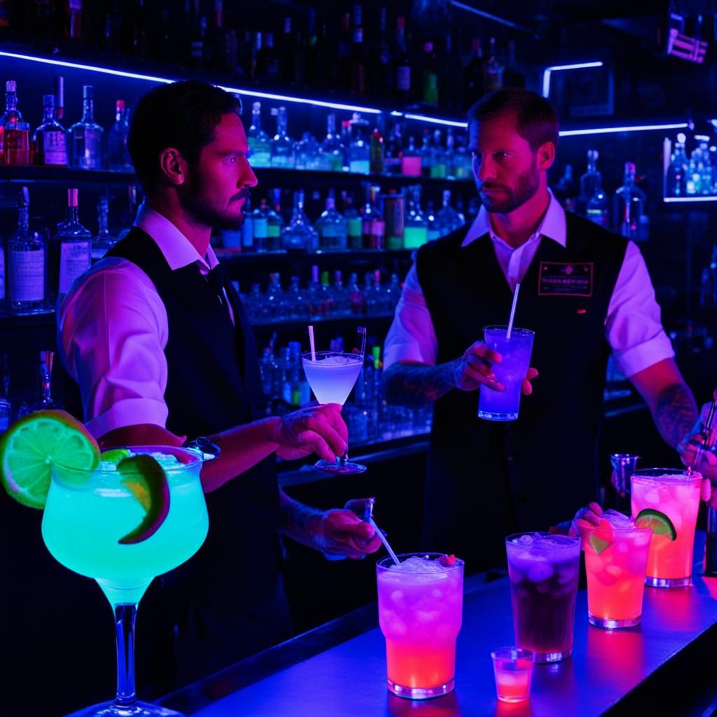 Bartenders Serving Cocktails Under Blacklight