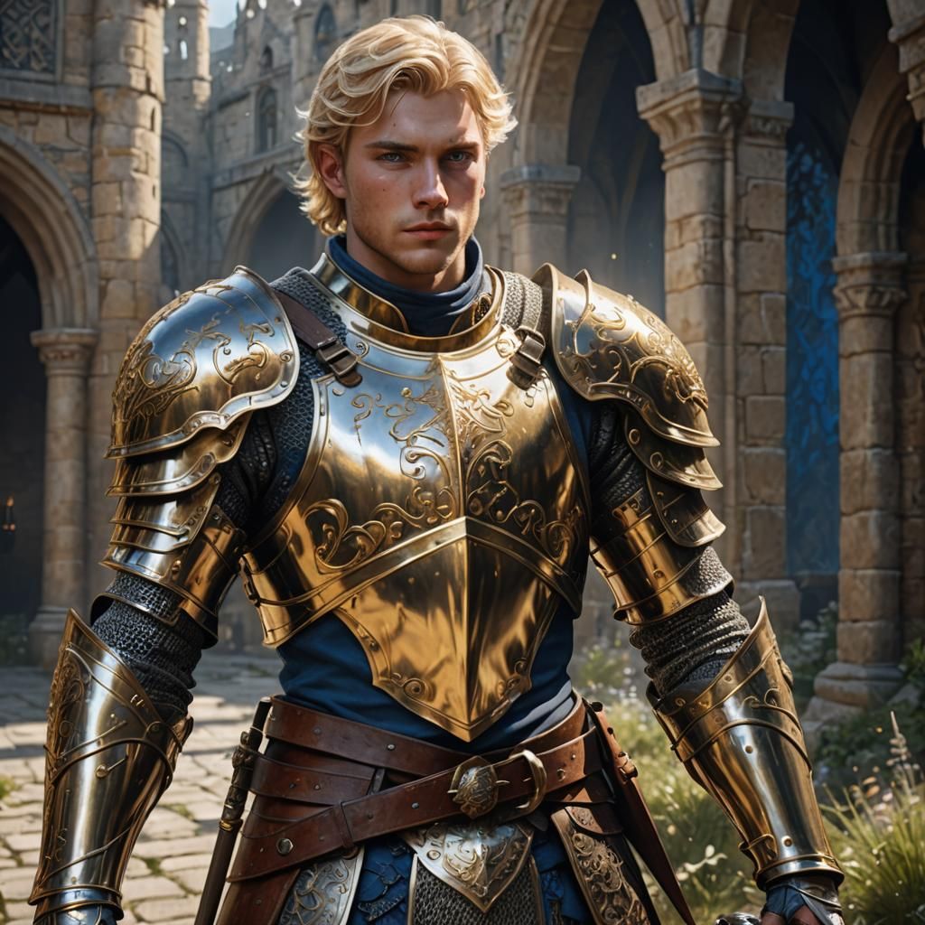 Young male human knight. Blonde hair with blue eyes. Faint moustache. Youthful appearance. Wears gold and silver armor.
