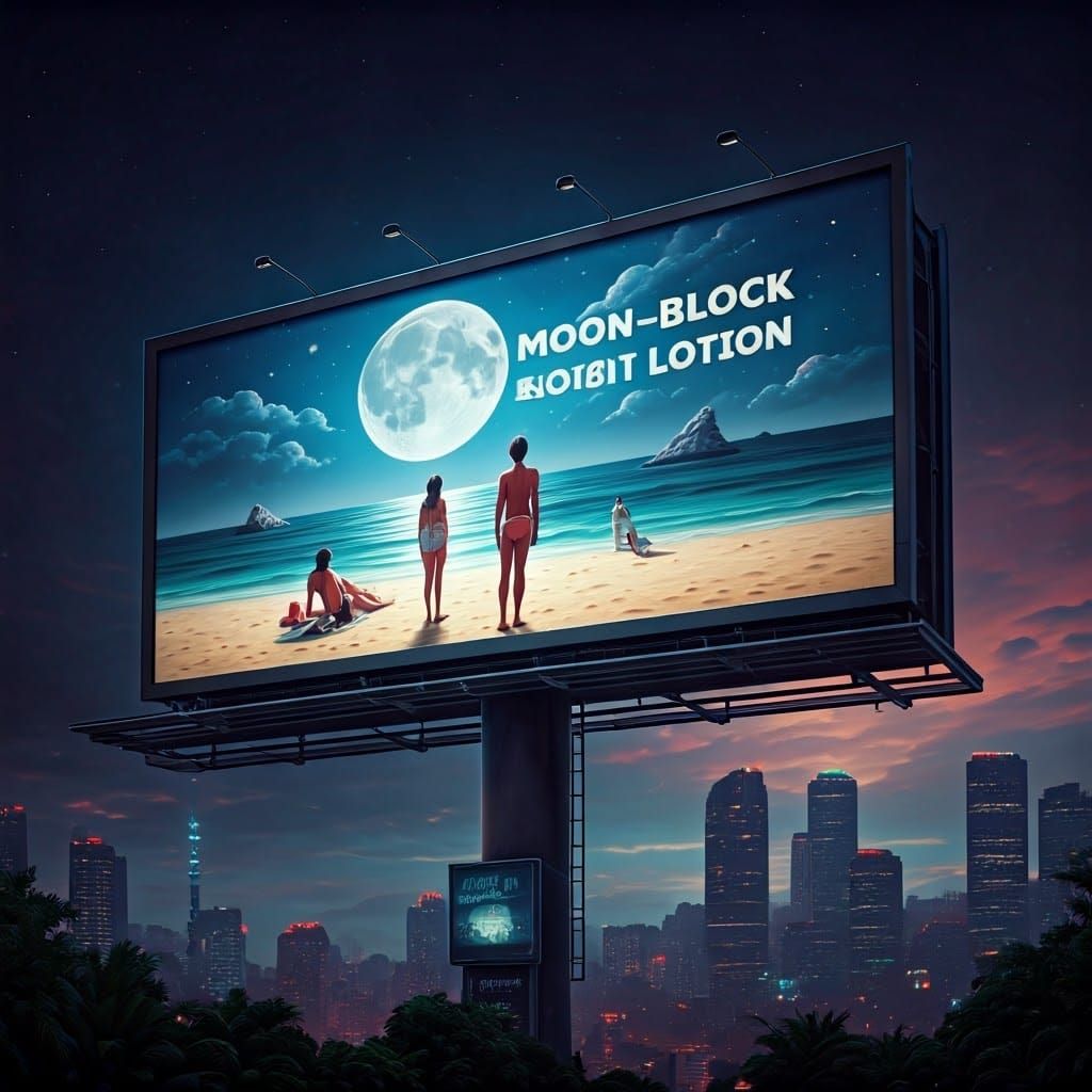 Surreal Beach Scene Advertising Moon-block Lotion in Detaile...