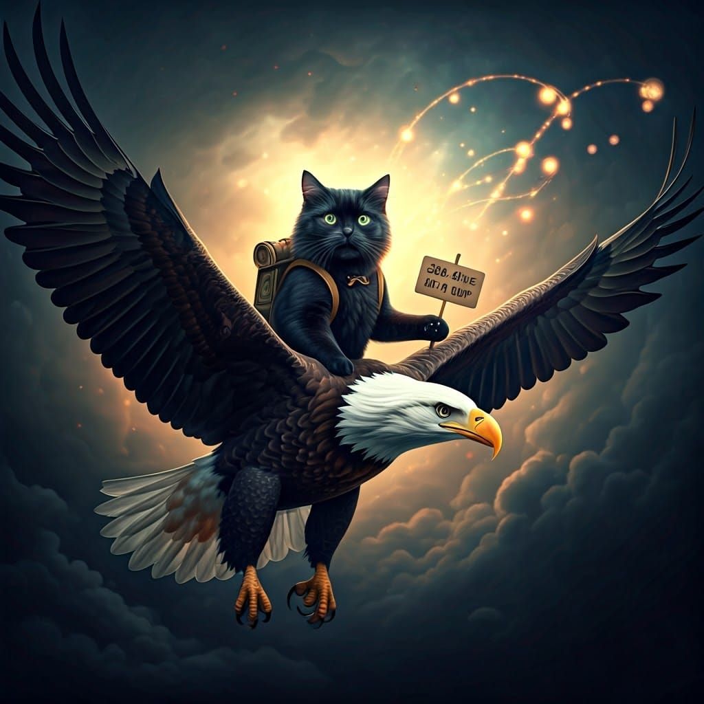 Regal Black Cat Rides Bald Eagle Through Celestial Celebrati...