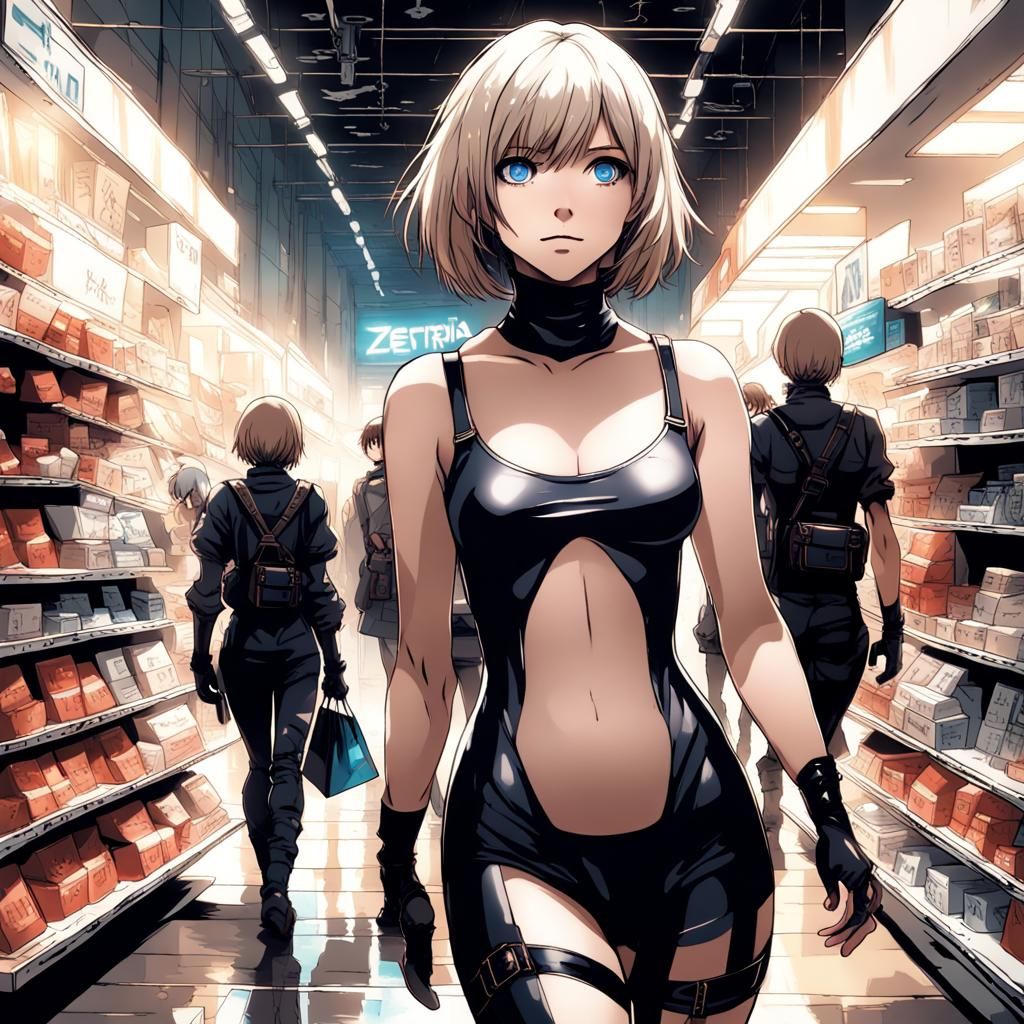 Cyberpunk Anime Woman with Shopping Bags