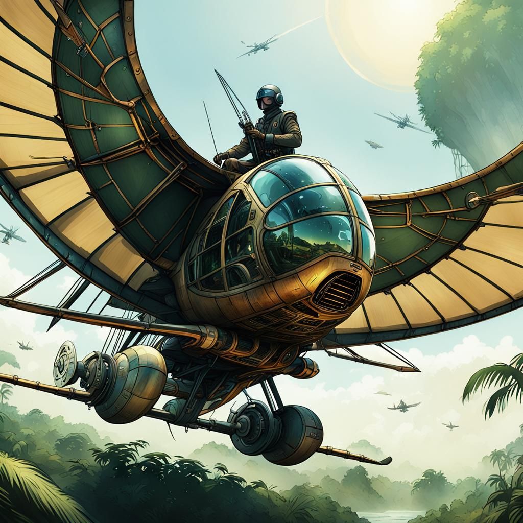 Ornithopter Pilot Over Amazon in Graphic Novel Style