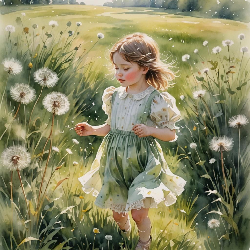 Watercolor Girl Blowing Dandelion in Meadow