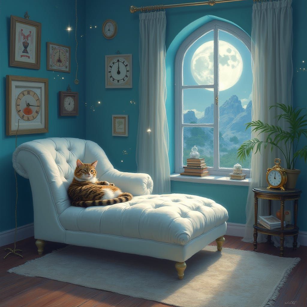 Dreamlike Bedroom with Calico Cat in Surreal Style