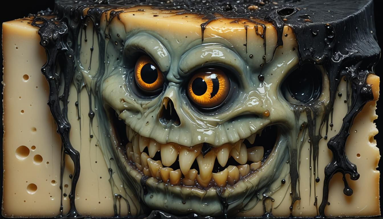 Surreal Horror Cheese in Gloomy, Golden Lighting
