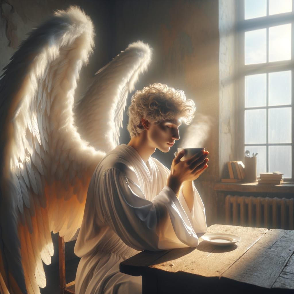 Angel Enjoying Coffee at Dawn