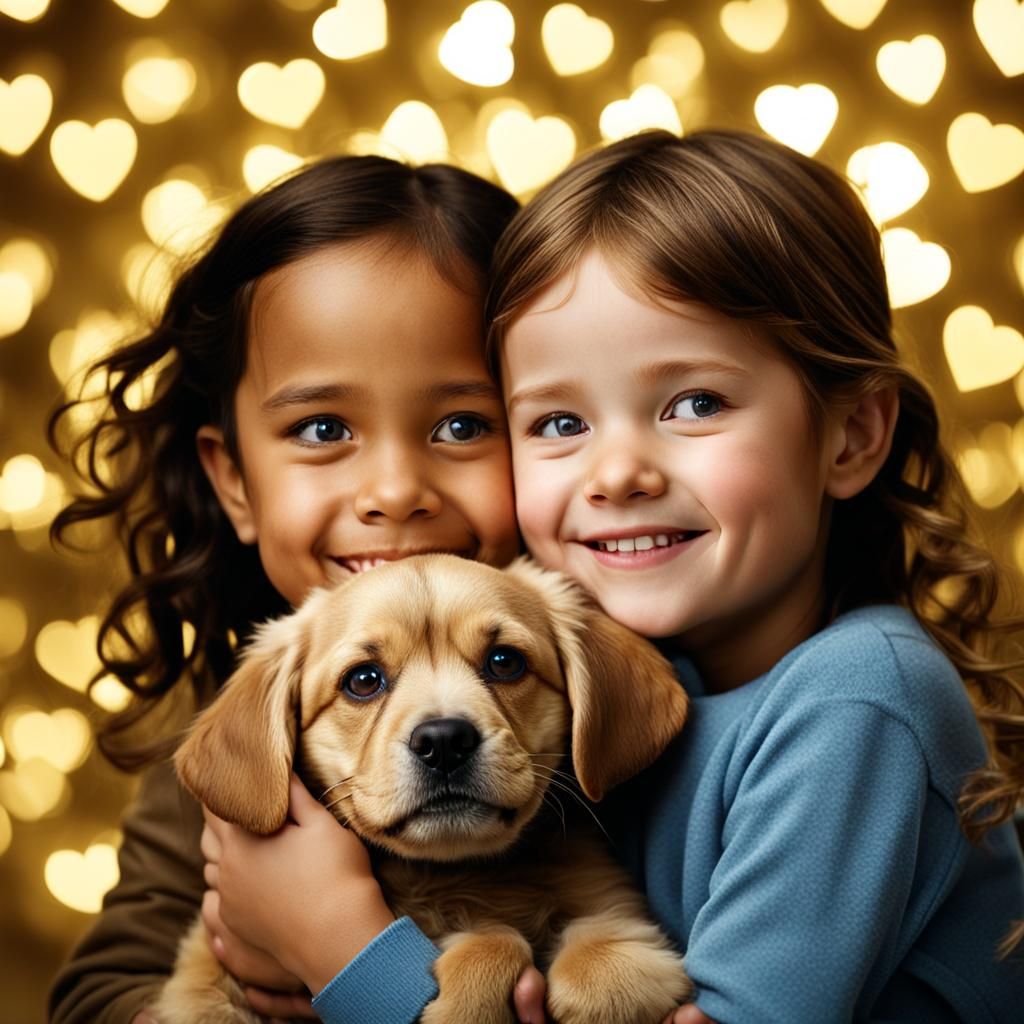 Girl and Puppy Cuddle in Golden Heart Shower