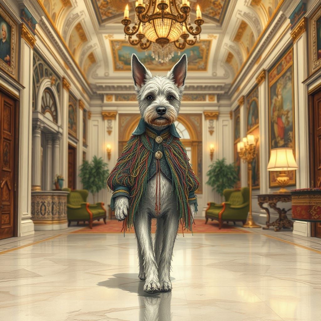 Labradog in String Jacket Enters Grand Lobby