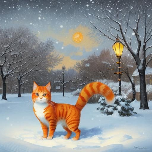 Anime Orange Cat in Snowy Winter Park