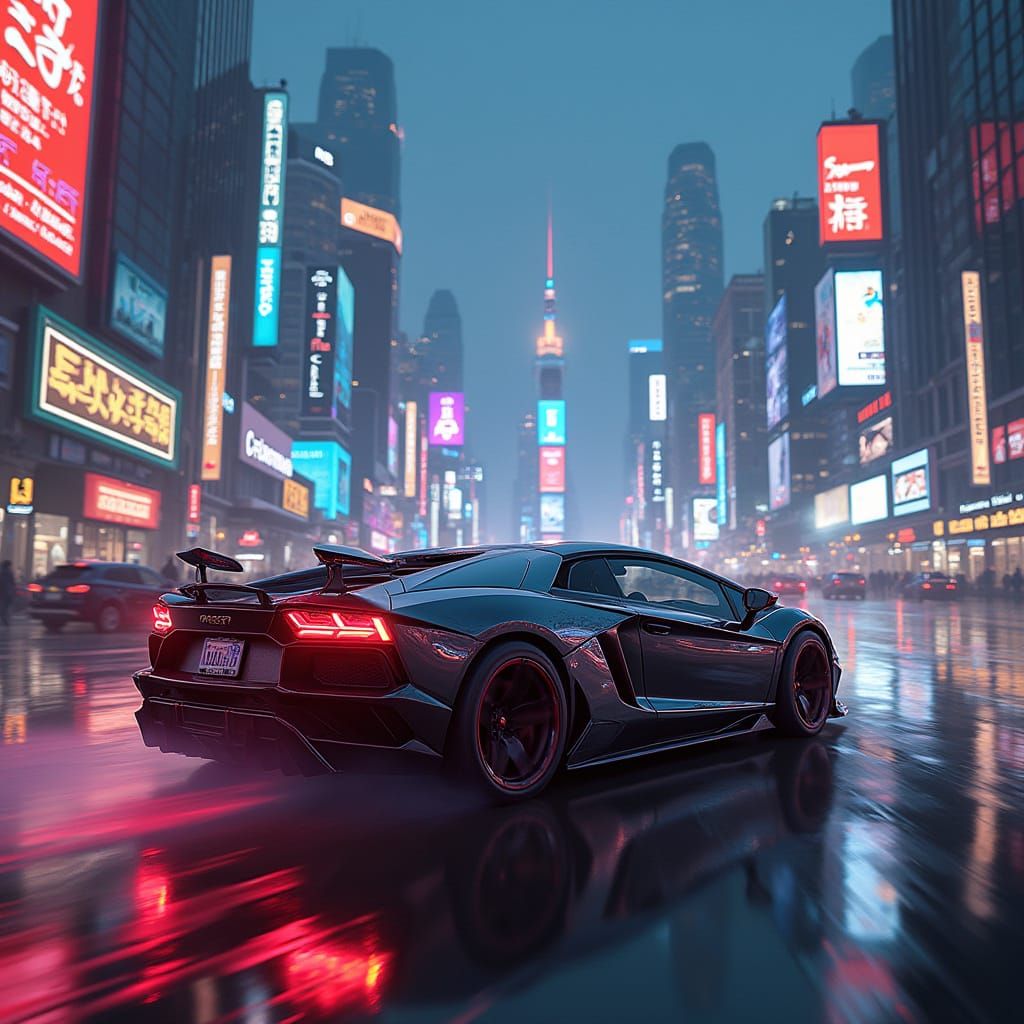 Cyberpunk Lamborghini Speeds Through Futuristic Cityscape