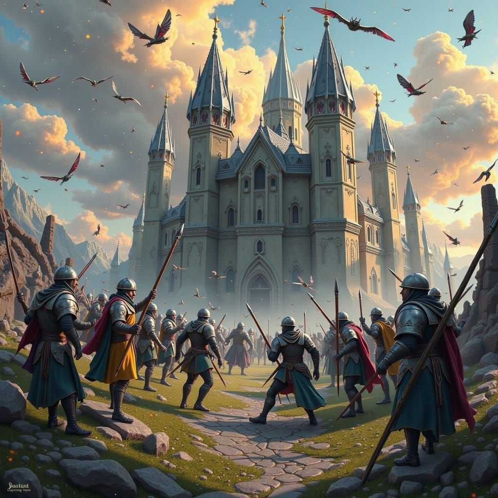 Knights Sieging Castle in Fantasy Landscape