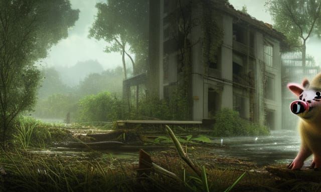 Pig in Abandoned City Ruins: Photorealistic Masterpiece