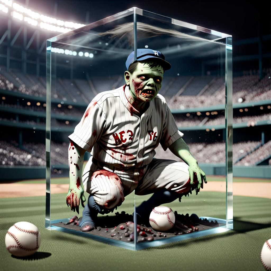 Zombie Babe Ruth in Glass Cube, Detailed Matte Painting