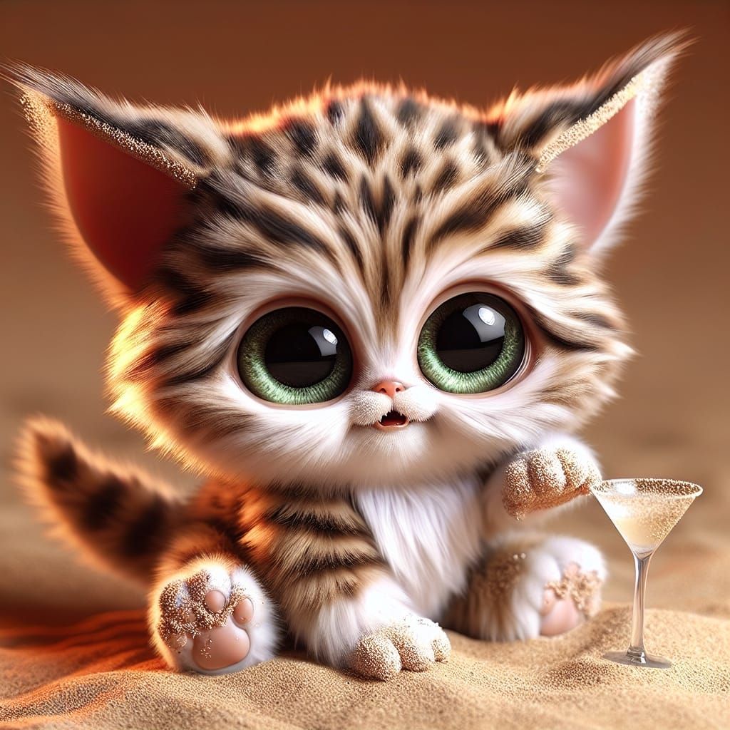 Adorable Luminescent Tabby Kitten with Martini on Beach