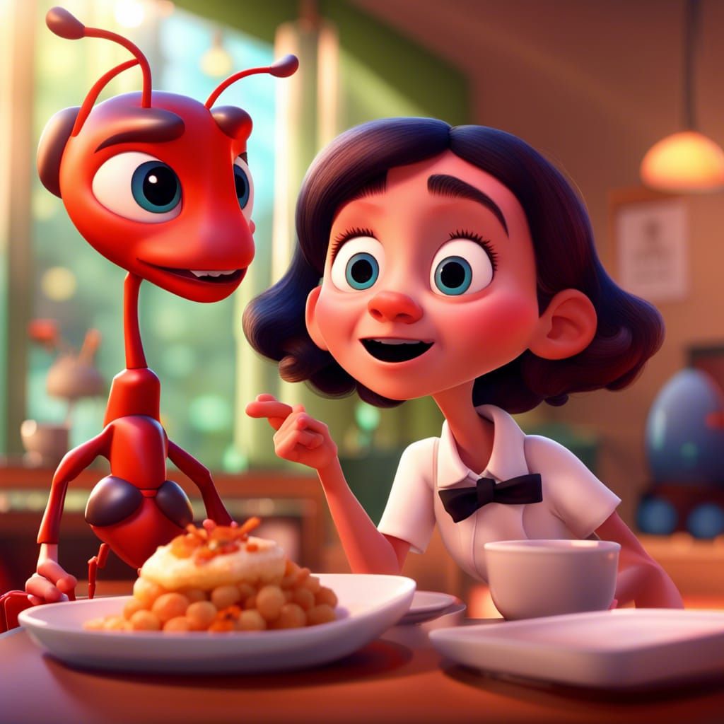 Girl Surprised by Ant Waiter: 3D Digital Art