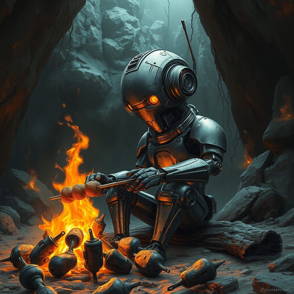 Robot Grilling at Campfire in Dark Fantasy Style