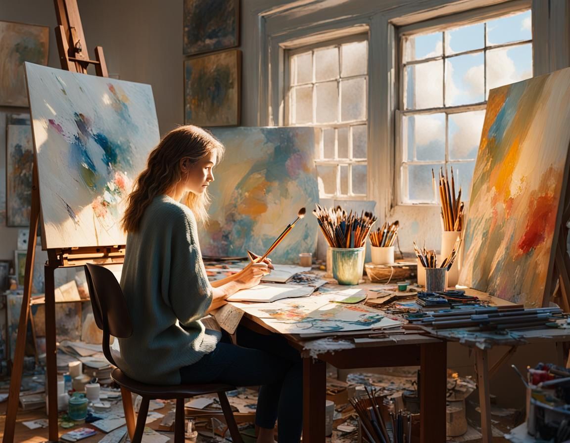 Serene Artist in Studio, Vermeer and Hopper Inspired